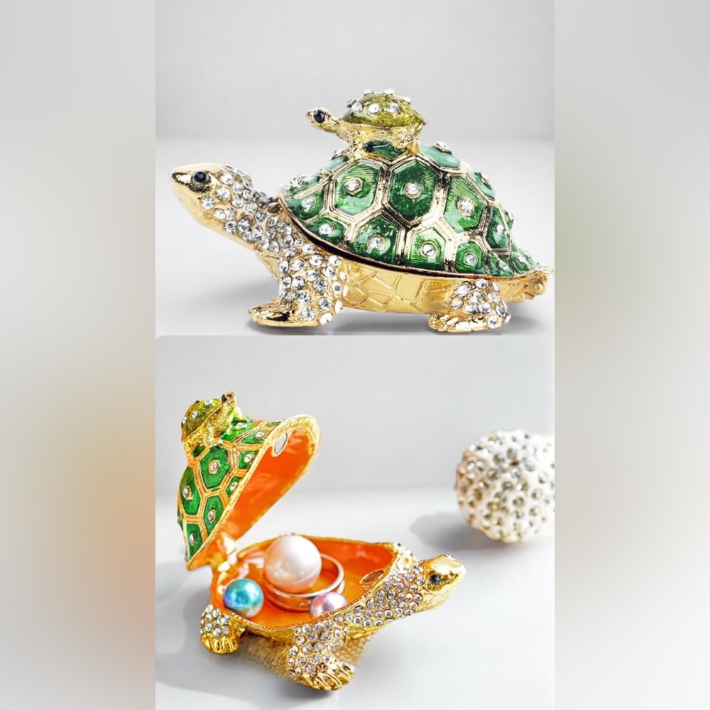 ✨ Green Enamel Crystal Turtle Trinket Box – Elegant Jewelry Holder ✨